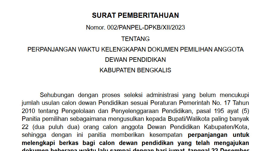 Pengumuman Perpanjangan Waktu Kelengkapan Dokumen Pemilihan Anggota Dewan Pendidikan Kabupaten Bengkalis