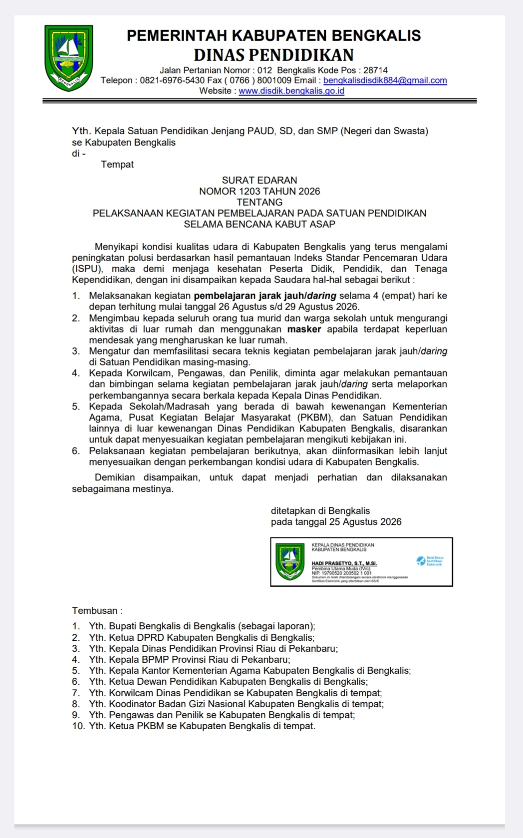Kabut Asap Meningkat, Disdik Bengkalis Alihkan Pembelajaran ke Sistem Daring