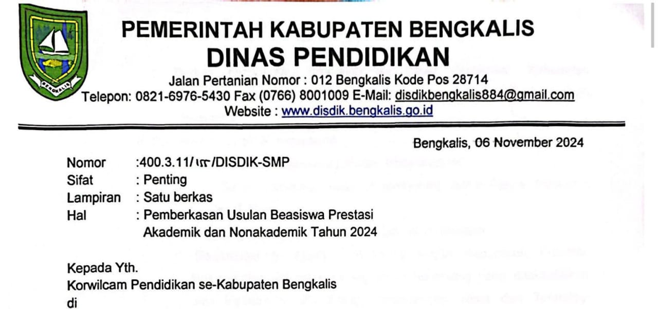 Untuk Jenjang SMP, Disdik Bengkalis Buka Penerimaan Beasiswa Prestasi Akademik dan Non Akademik