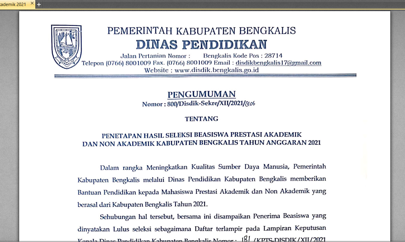 Pengumuman Penerima Beasiswa Disdik Bengkalis, Berikut Daftar Namanya